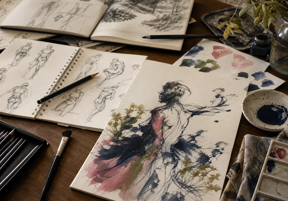 Skizzenbuch mit Bleistiften und Aquarelltests fuer Zeichnen und Illustration